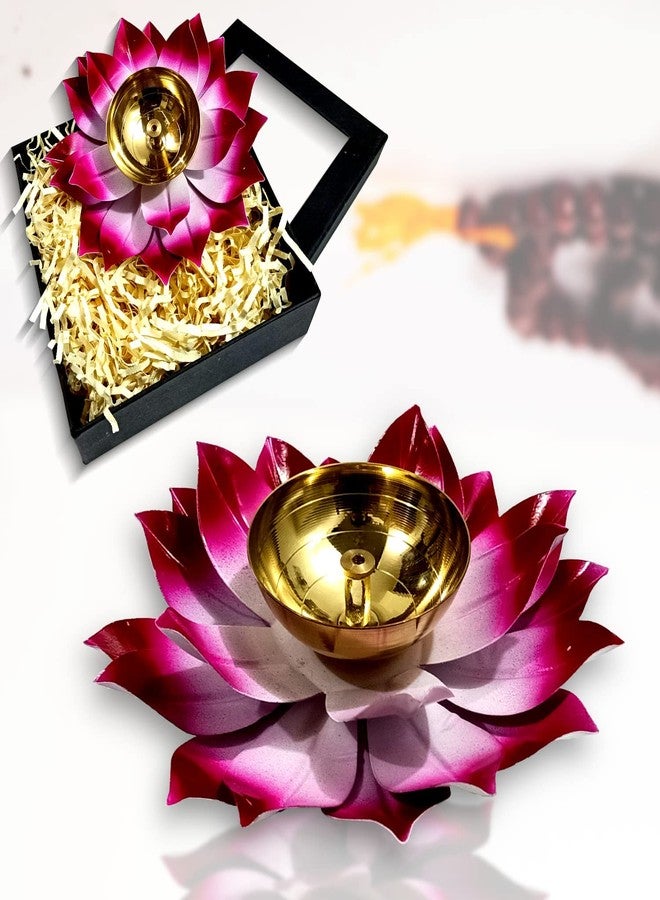 Lamina Set of 1 Lotus Shaped Large Size Brass Diya for Puja (6inch Pink Petals) Center Wick Holder Pital Akhand Kamal Deep Vilakku for Home Décor, Worship, Housewarming, Marriage & Return Gift - Image 1